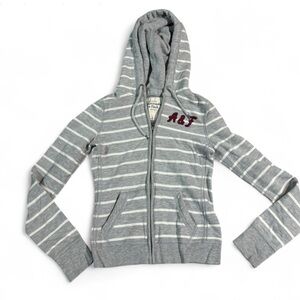 Y2K Abercrombie & Fitch full-zip hoodie in grey with white stripes and a red A&F